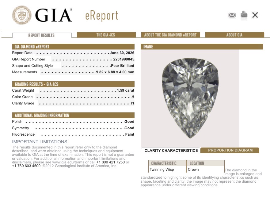 1.54ct Natural Pear Cut Diamond – H Color, I1 Clarity, GIA Certified, Eye Clean