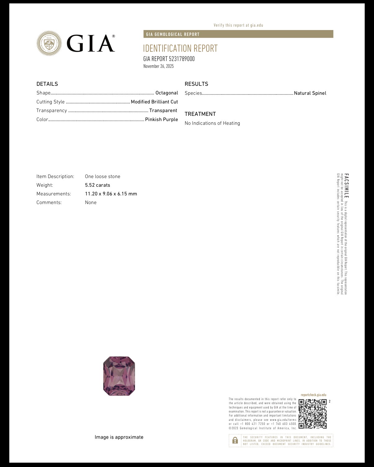 5.52ct Natural Pinkish Purple Spinel — No Heat, GIA Certified — Octagonal Cut