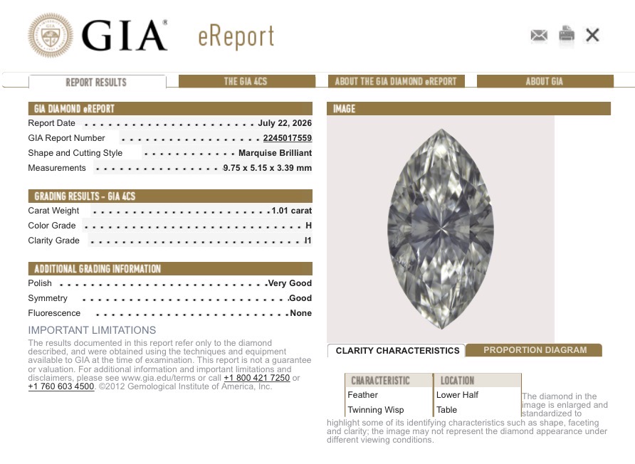 1.01ct Natural Marquise Brilliant Cut – H – I1
